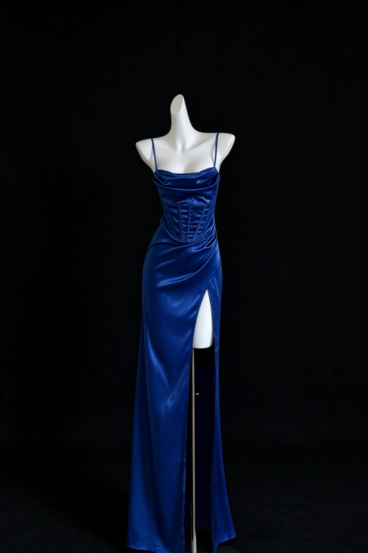 Royal Blue Satin Cowl Neck Corset Formal Long Dress, Lace Up Back High Slit Evening Dress F0535