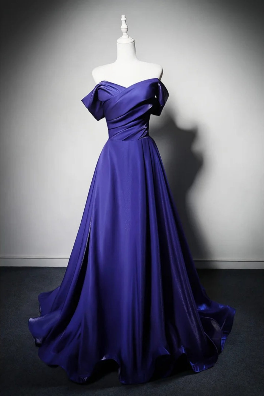 Royal Blue Satin Off Shoulder Evening Gown A-Line Prom Dress F0375