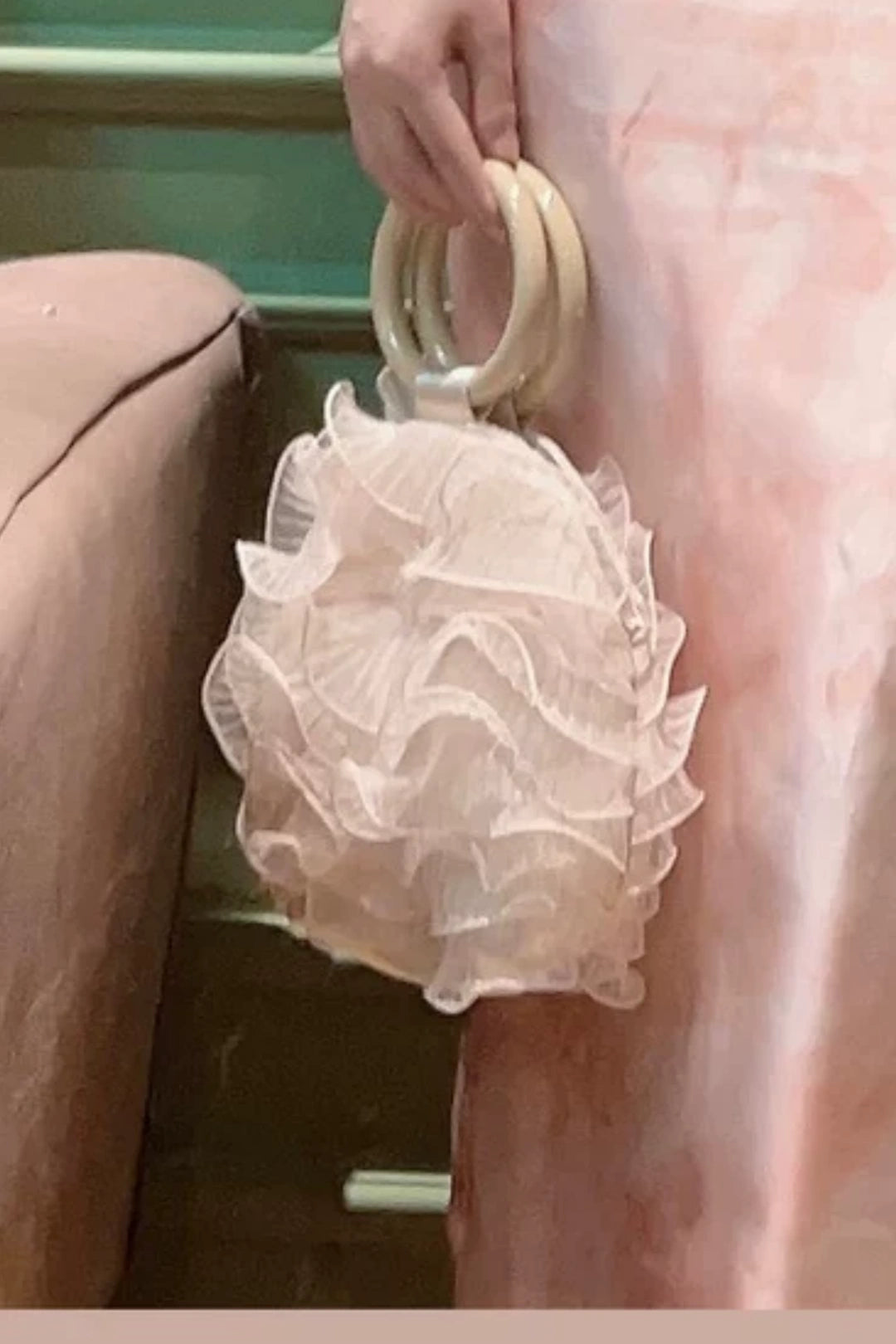 Ruffled Organza Evening Clutch, Wooden Ring Handle Floral Handbag B007