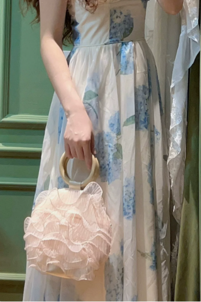 Ruffled Organza Evening Clutch, Wooden Ring Handle Floral Handbag B007