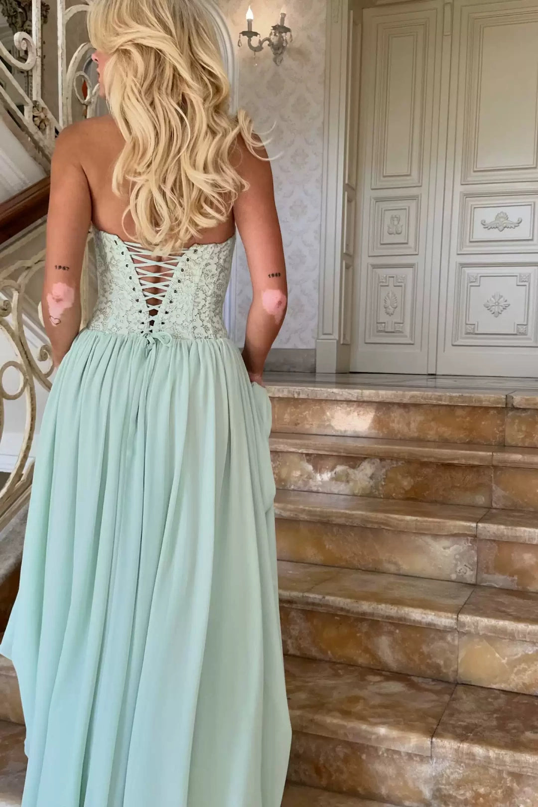 Sage Green Halter Lace Corset Chiffon Maxi Dress Formal Evening Gown L046