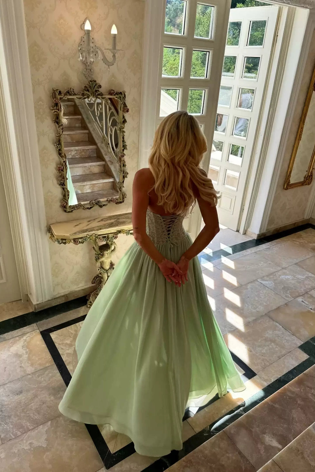 Sage Green Halter Lace Corset Chiffon Maxi Dress Formal Evening Gown L046