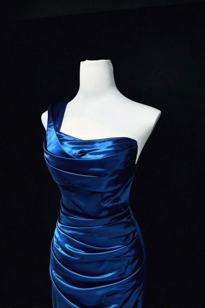 Sapphire Blue One Shoulder Satin Mermaid Evening Dress F0334