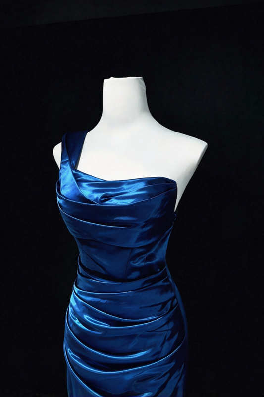 Sapphire Blue One Shoulder Satin Mermaid Evening Dress F0334