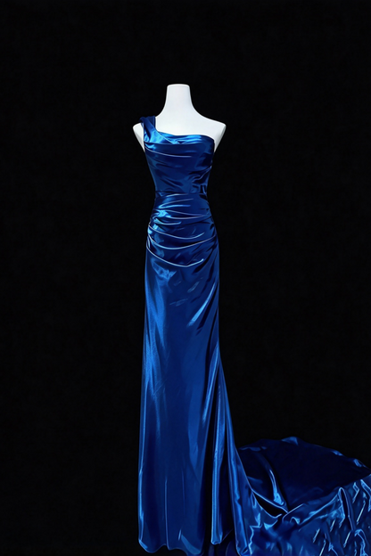 Sapphire Blue One Shoulder Satin Mermaid Evening Dress F0334