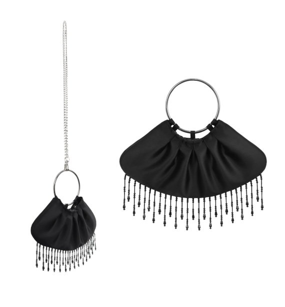Satin Beaded Tassel Ring Handle Evening Clutch, Formal Party Handbag B001