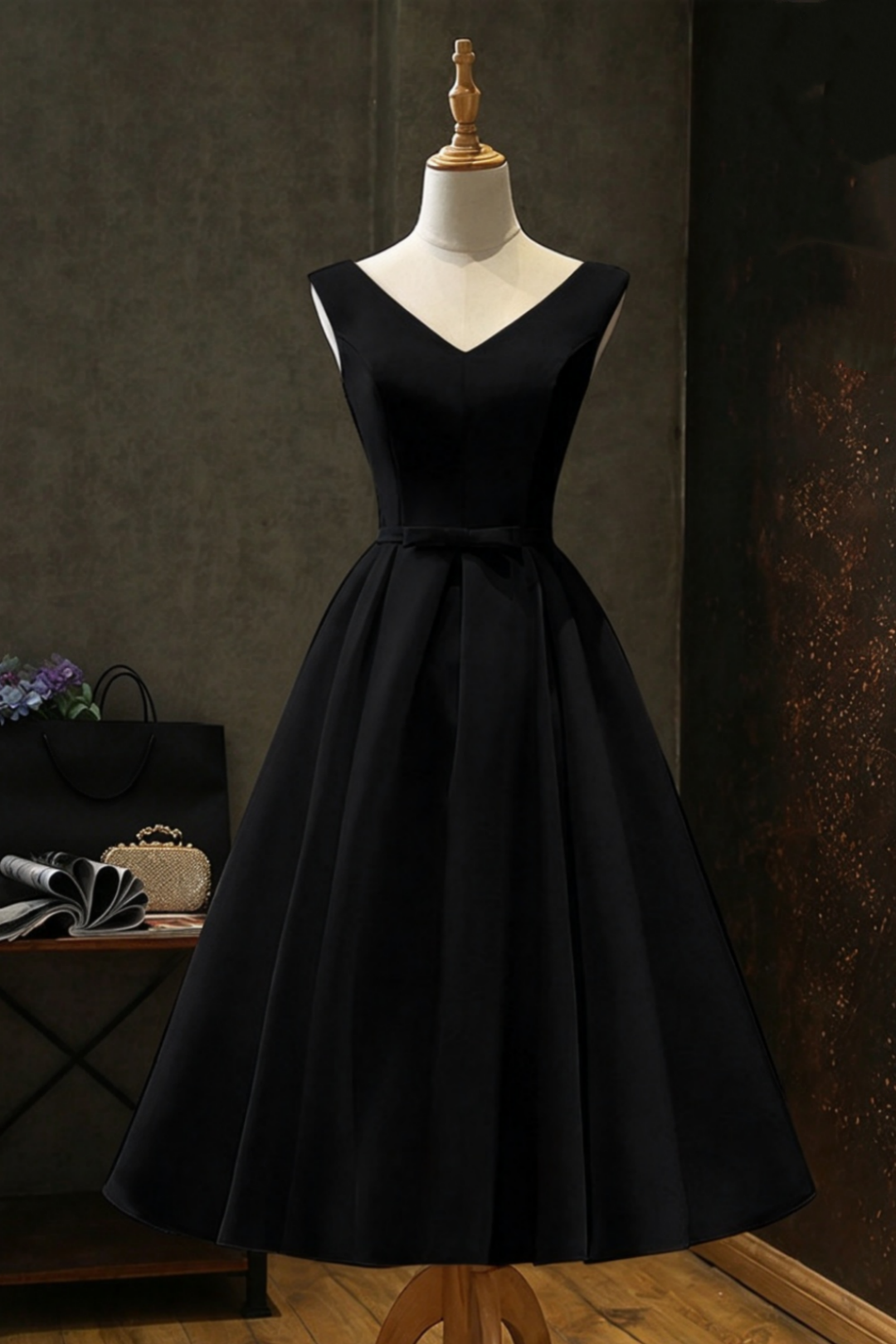 black satin midi dress V neck sleeveless with bow