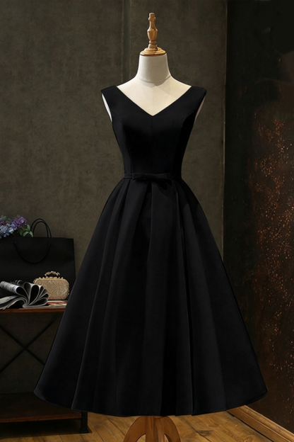 black satin midi dress V neck sleeveless with bow