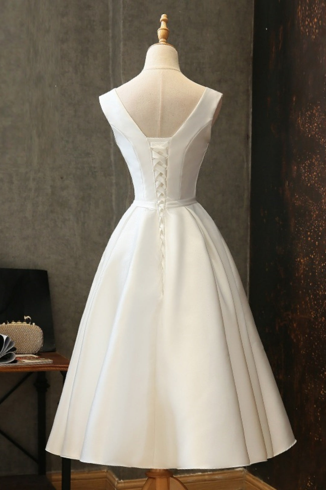 white satin midi dress, lace up corset back close view