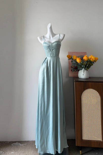 Satin Spaghetti Strap Evening Gown Corset Bodice A-Line Long Dress F0376