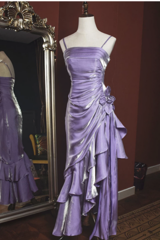 Shiny Lavender Spaghetti Strap Formal Dress, Ruched Asymmetrical Ruffle Party Dress L008