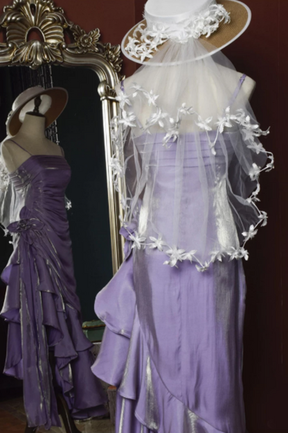 Shiny Lavender Spaghetti Strap Formal Dress, Ruched Asymmetrical Ruffle Party Dress L008