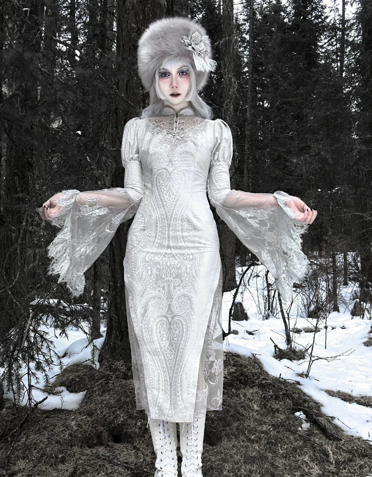 Silver Gray Gothic Lace Midi Dress Halloween Party Dress F0495