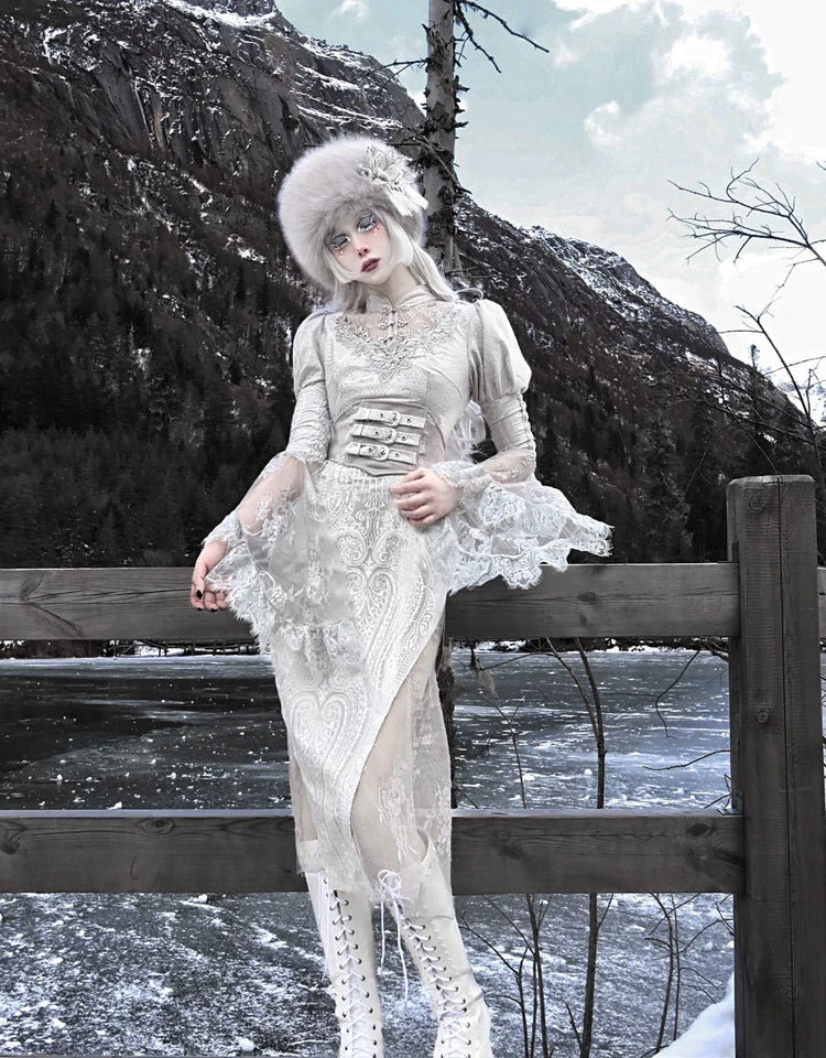 Silver Gray Gothic Lace Midi Dress Halloween Party Dress F0495