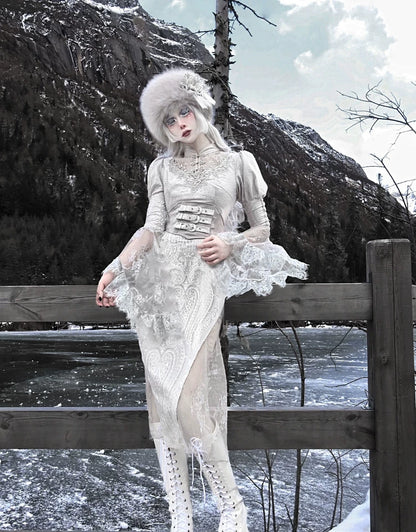 Silver Gray Gothic Lace Midi Dress Halloween Party Dress F0495