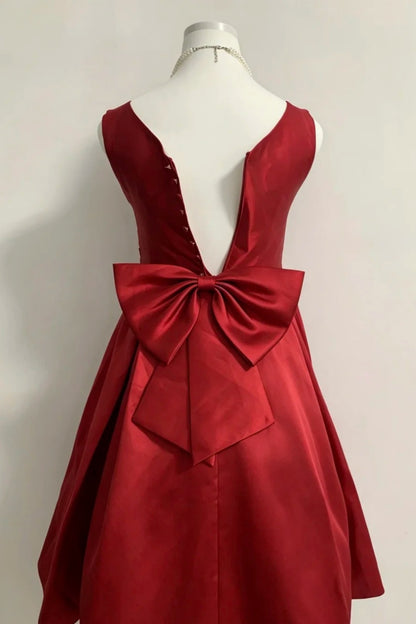 Sleeveless Burgundy Satin Midi Homecoming Dress Big Bow Tea Length Dress F0303
