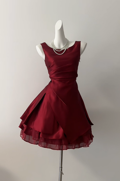 Sleeveless Burgundy Satin Short Dress With Layered Organza Hem F0363