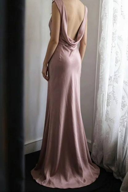 Sleeveless Cowl Back Satin Mermaid Maxi Formal Dress F0531