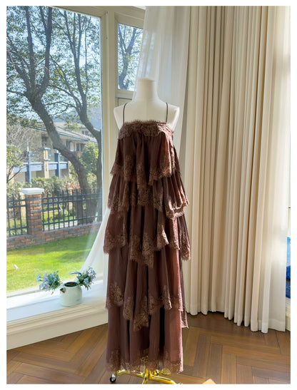 Spaghetti Strap Brown Tiered Lace Ruffle Maxi Evening Dress F0441