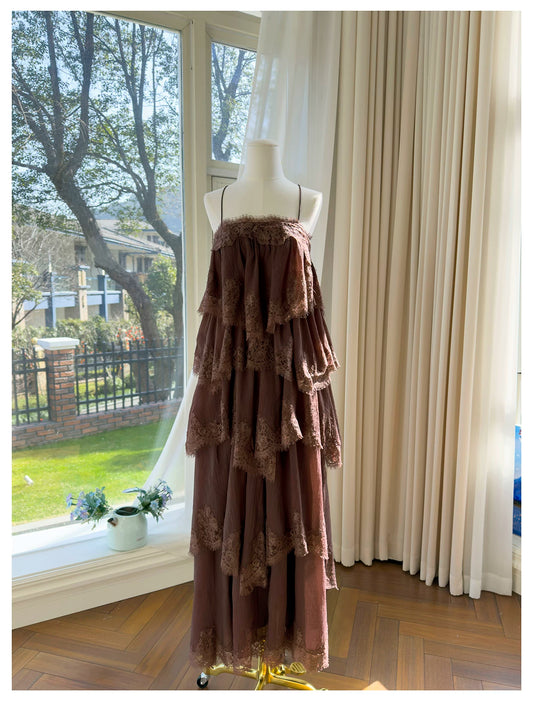 Spaghetti Strap Brown Tiered Lace Ruffle Maxi Evening Dress F0441