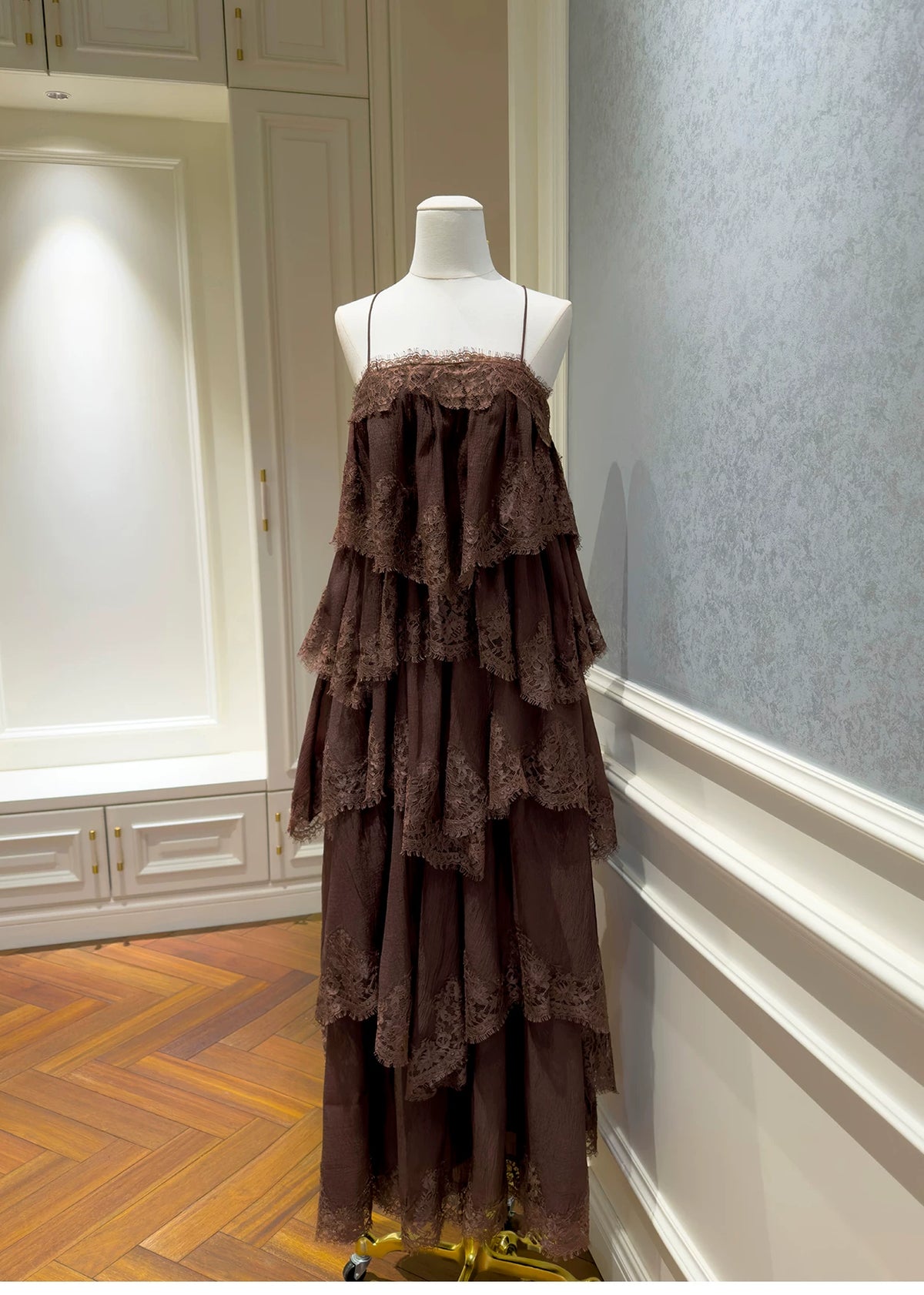 Spaghetti Strap Brown Tiered Lace Ruffle Maxi Evening Dress F0441
