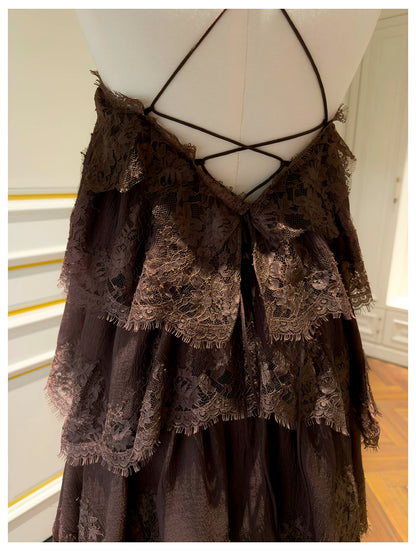 Spaghetti Strap Brown Tiered Lace Ruffle Maxi Evening Dress F0441