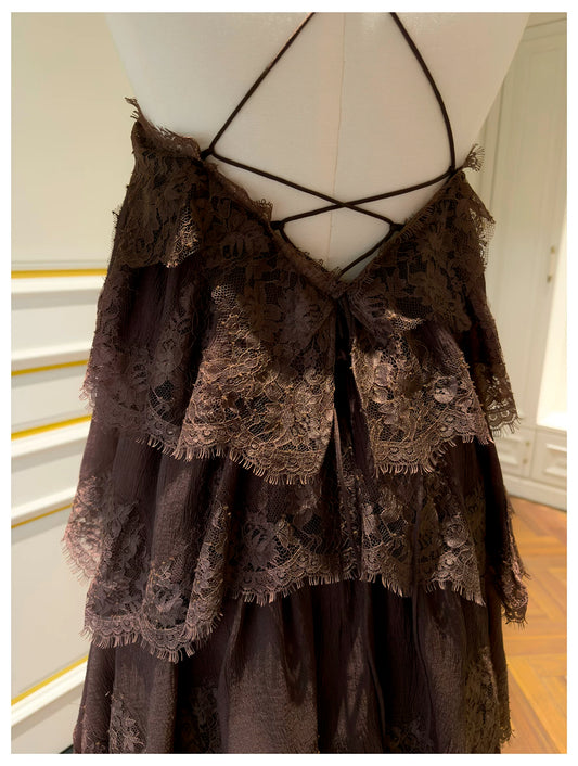 Spaghetti Strap Brown Tiered Lace Ruffle Maxi Evening Dress F0441