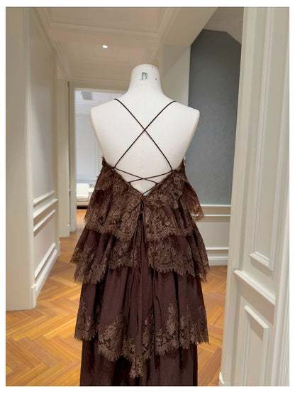 Spaghetti Strap Brown Tiered Lace Ruffle Maxi Evening Dress F0441