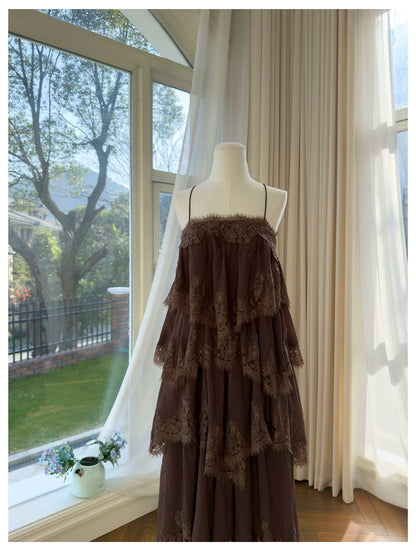 Spaghetti Strap Brown Tiered Lace Ruffle Maxi Evening Dress F0441
