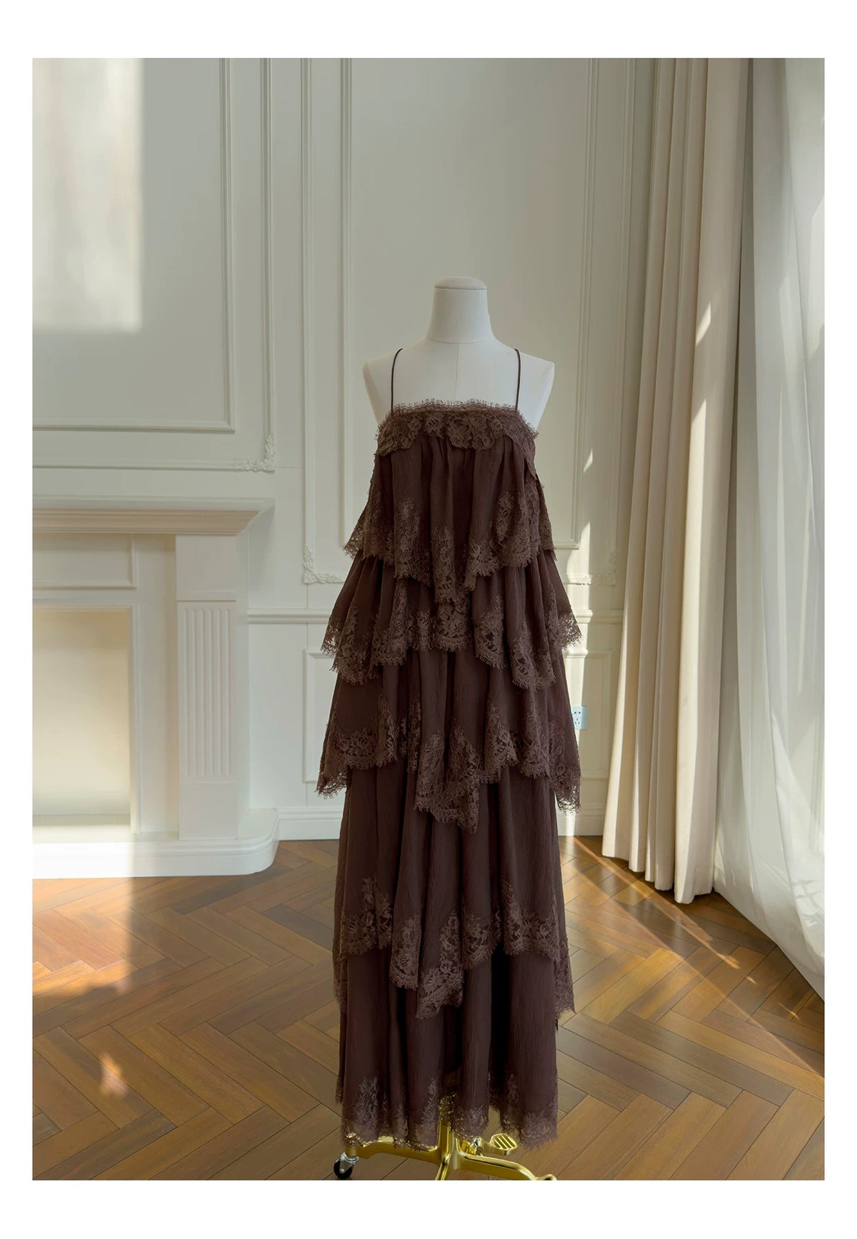 Spaghetti Strap Brown Tiered Lace Ruffle Maxi Evening Dress F0441