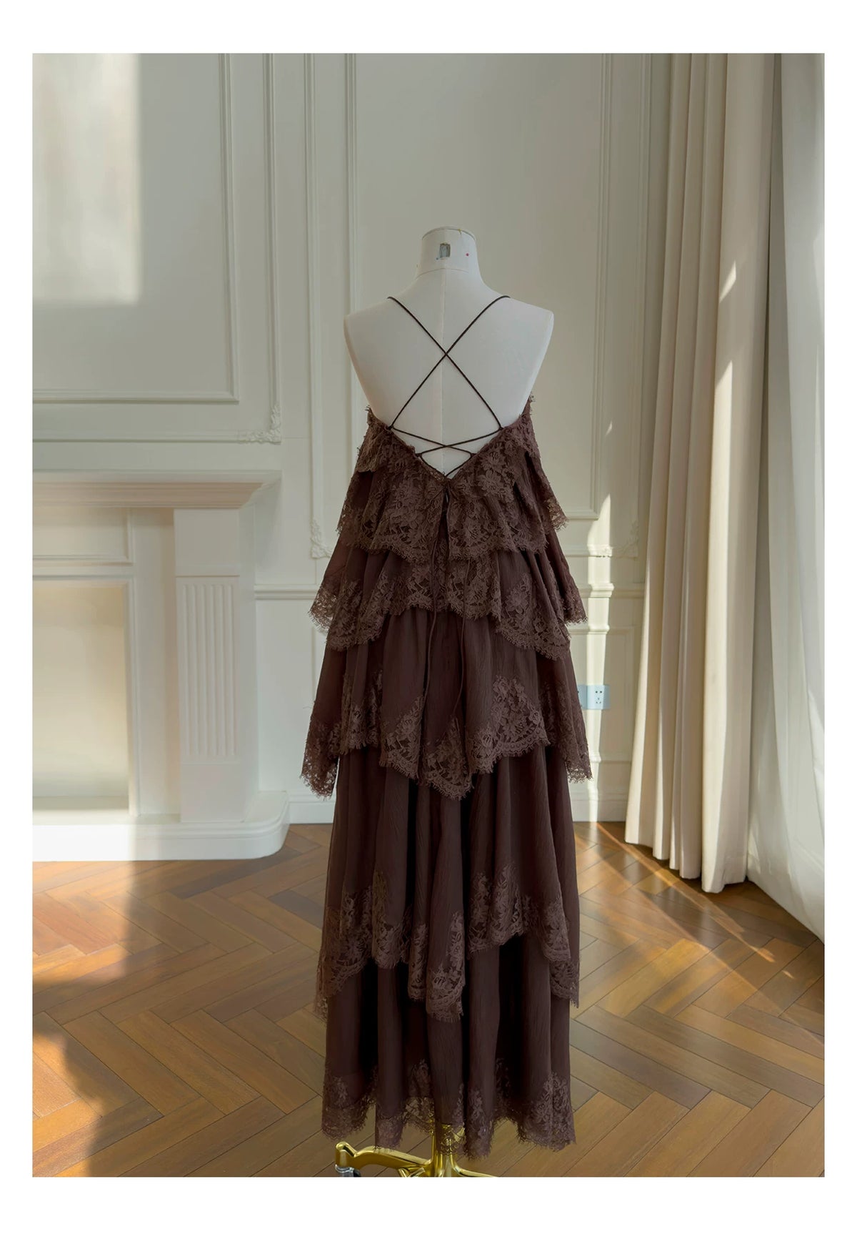 Spaghetti Strap Brown Tiered Lace Ruffle Maxi Evening Dress F0441