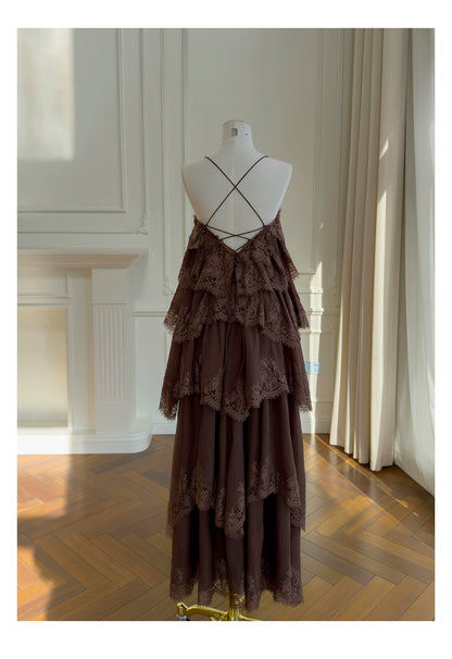 Spaghetti Strap Brown Tiered Lace Ruffle Maxi Evening Dress F0441