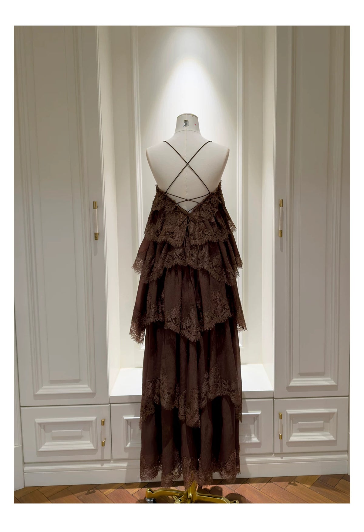 Spaghetti Strap Brown Tiered Lace Ruffle Maxi Evening Dress F0441
