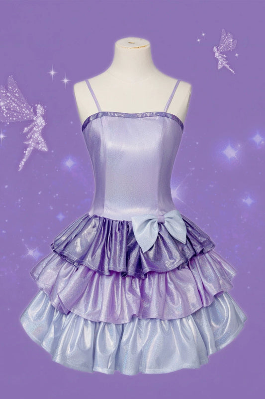 Spaghetti Strap Holographic Purple Tiered Mini Homecoming Dress With Bow F0326