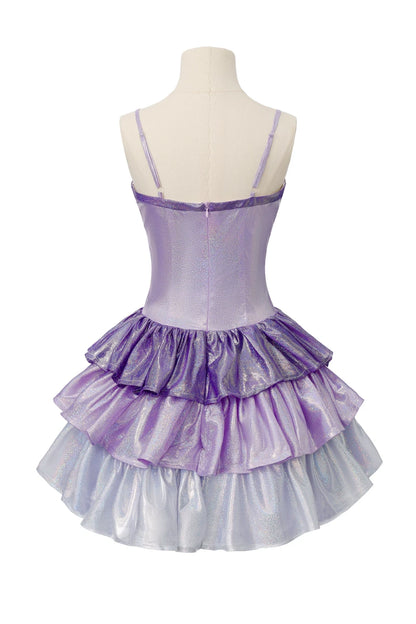 Spaghetti Strap Holographic Purple Tiered Mini Homecoming Dress With Bow F0326
