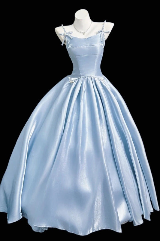 Spaghetti Strap Light Blue Satin Ball Gown With Pearl Bow Details  F0356