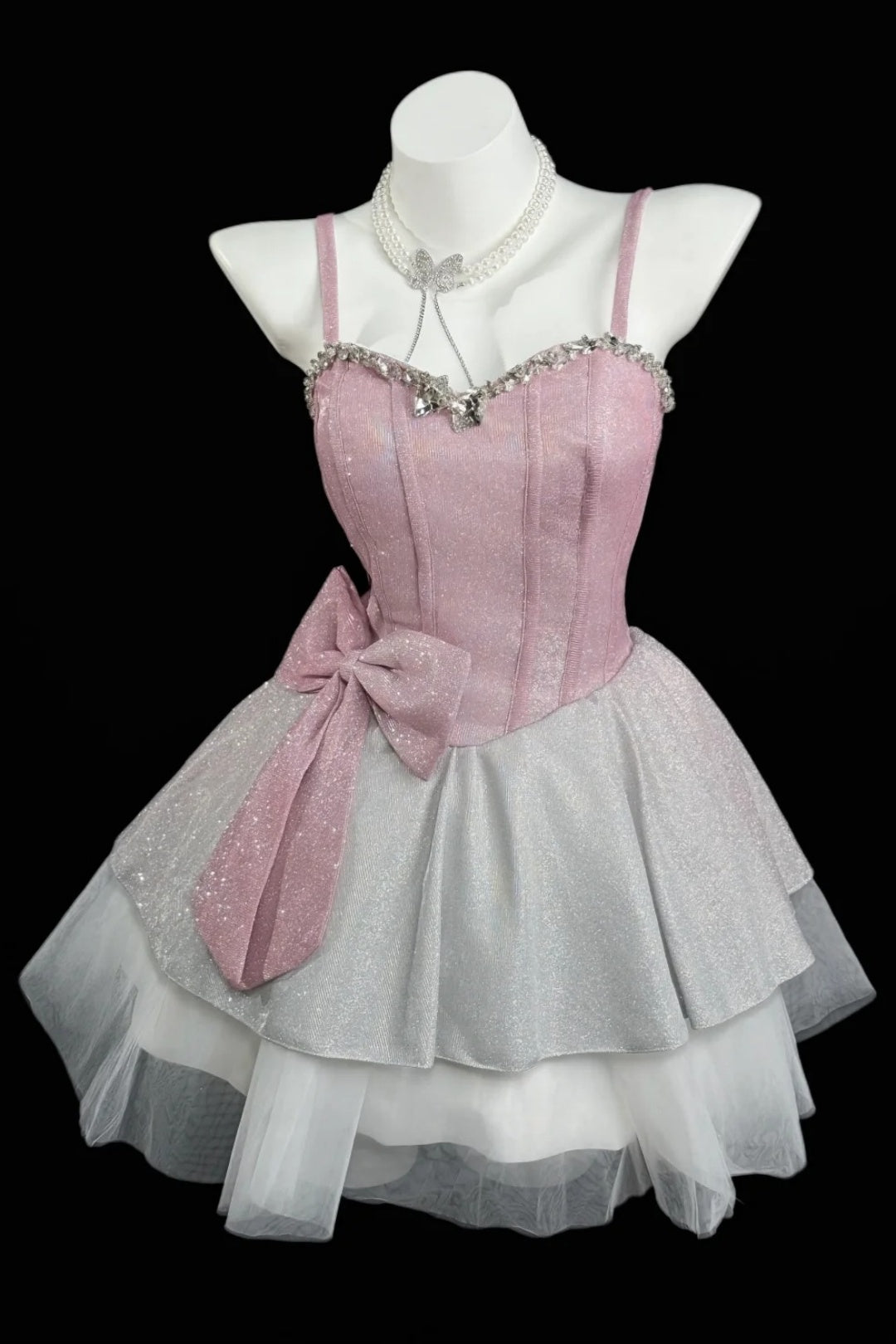 Spaghetti Strap Pink Glitter Short Dress With Crystal Trim & Big Bow F0360