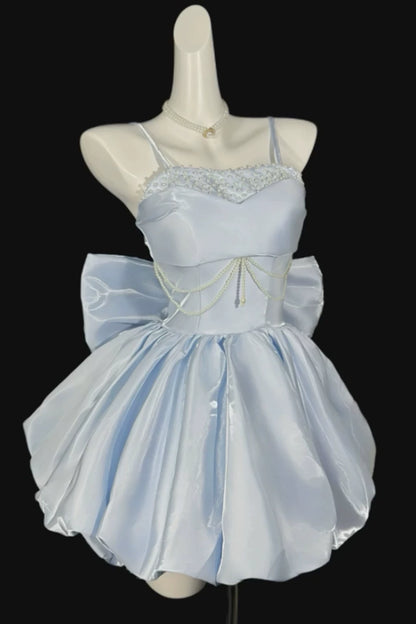 Spaghetti Strap Satin Mini Homecoming Dress With Pearl Beading & Big Back Bow F0327