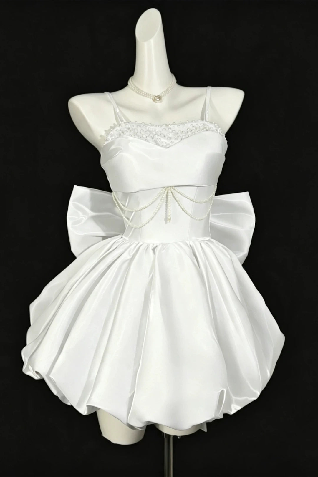 Spaghetti Strap Satin Mini Homecoming Dress With Pearl Beading & Big Back Bow F0327