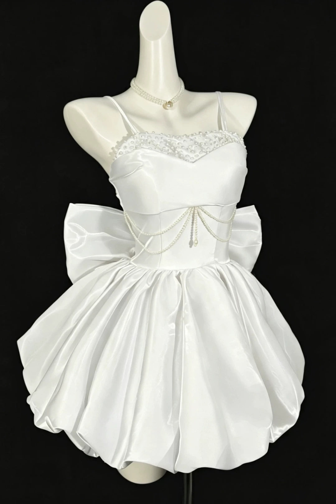 Spaghetti Strap Satin Mini Homecoming Dress With Pearl Beading & Big Back Bow F0327