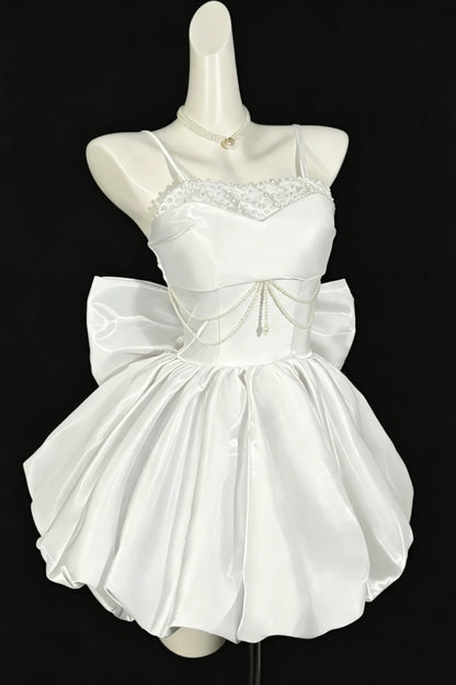 Spaghetti Strap Satin Mini Homecoming Dress With Pearl Beading & Big Back Bow F0327