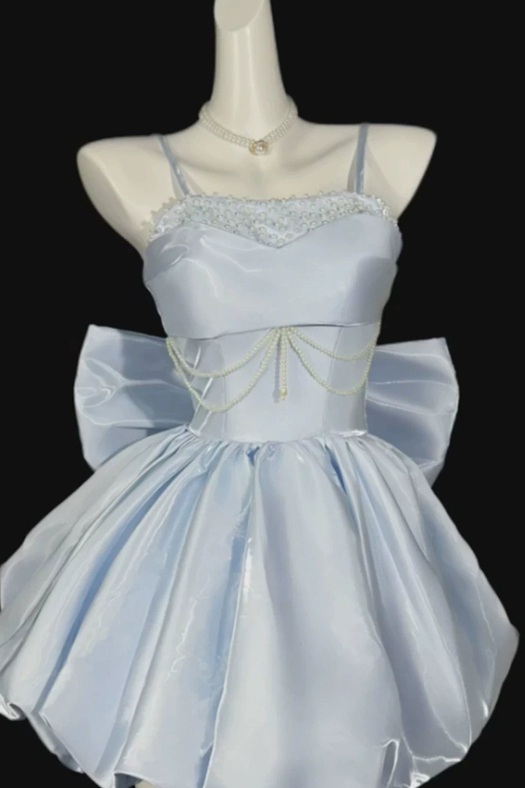 Spaghetti Strap Satin Mini Homecoming Dress With Pearl Beading & Big Back Bow F0327