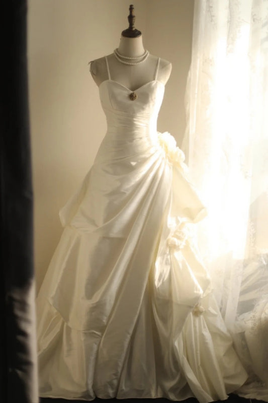 Spaghetti Strap White Satin Wedding Gown 3D Floral A-Line Dress F0381