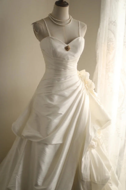 Spaghetti Strap White Satin Wedding Gown 3D Floral A-Line Dress F0381