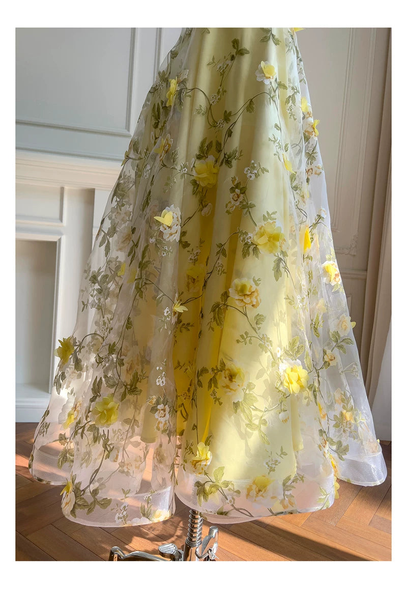 Spaghetti Strap Yellow 3D Floral Tulle Maxi Evening Dress F0443
