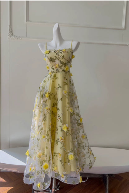 Spaghetti Strap Yellow 3D Floral Tulle Maxi Evening Dress F0443