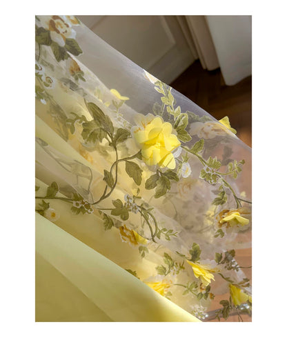 Spaghetti Strap Yellow 3D Floral Tulle Maxi Evening Dress F0443
