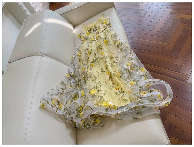 Spaghetti Strap Yellow 3D Floral Tulle Maxi Evening Dress F0443
