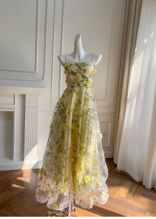 Spaghetti Strap Yellow 3D Floral Tulle Maxi Evening Dress F0443