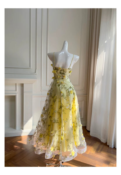 Spaghetti Strap Yellow 3D Floral Tulle Maxi Evening Dress F0443